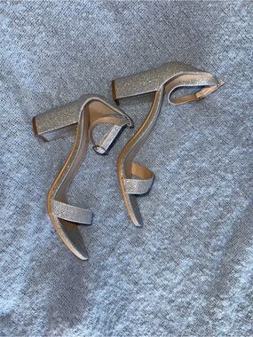 Silver Glitter Block Heel Sandals for Women - Sparkle Ankle Strap